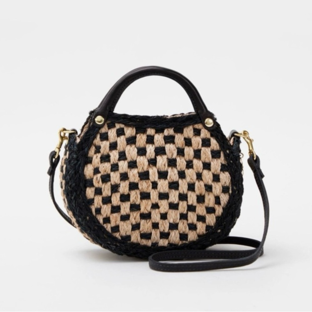 Woven Round Crossbody Bag - Black & Natural